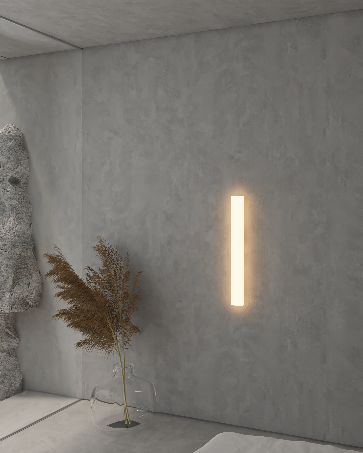Arandela moderna fio 50cm instalada em parede de ambiente interno, iluminando com luz suave e decorando espaço sofisticado com mesa de mármore e prateleiras ao fundo.